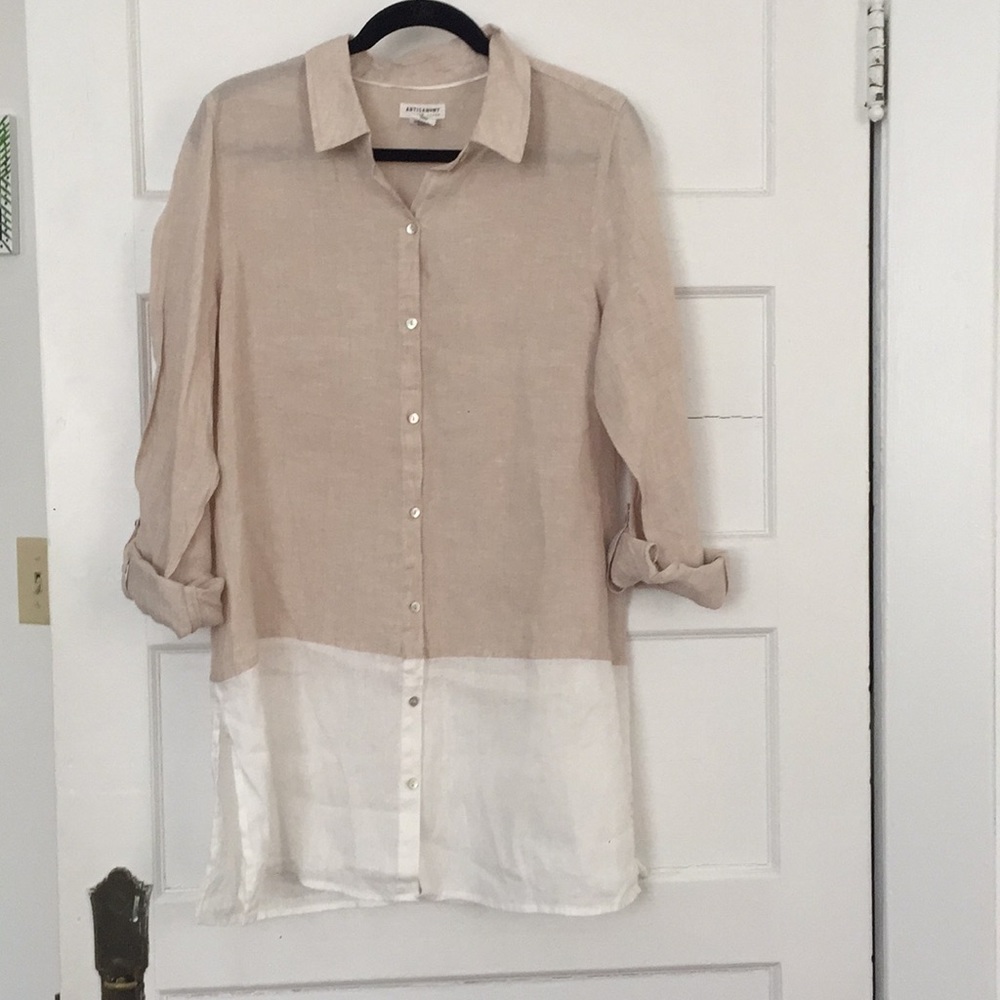 Beige and White Linen Button Up Top